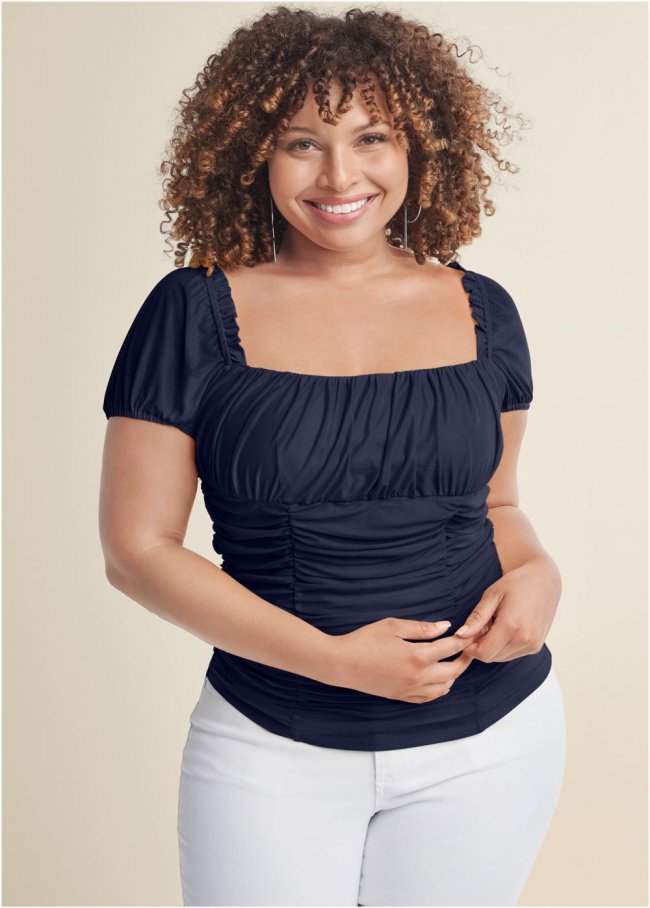 Venus Plus Size Ruched Mesh Short Sleeve Top Venus Plus Size Ruched Mesh Short Sleeve Top