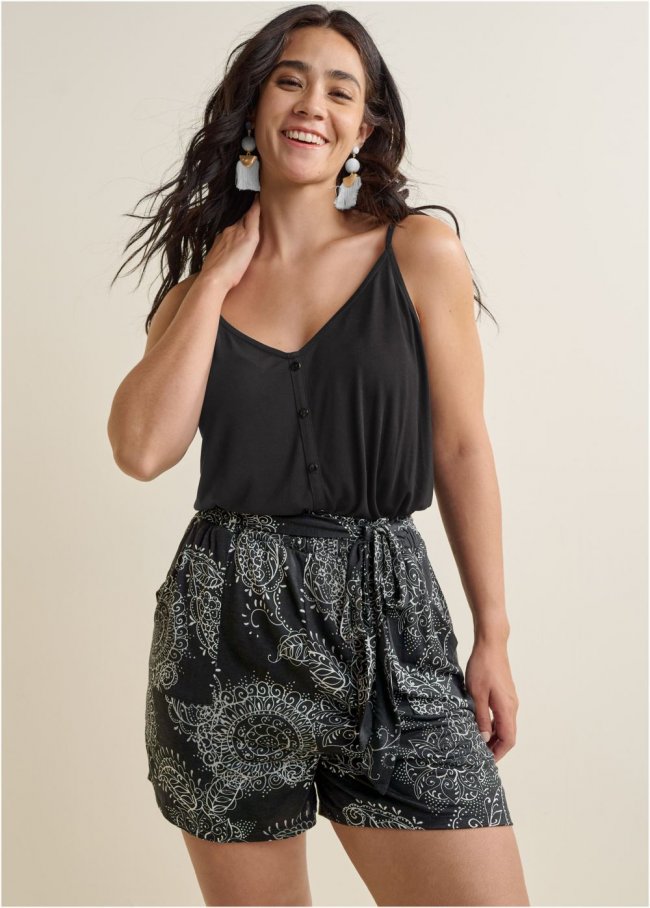 Venus Plus Size Bottom Printed Romper in Black Multi Venus Plus Size Bottom Printed Romper in Black Multi