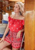 Venus Plus Size Off-The-Shoulder Bandana Print Romper in Red Multi Venus Plus Size Off-The-Shoulder Bandana Print Romper in Red Multi