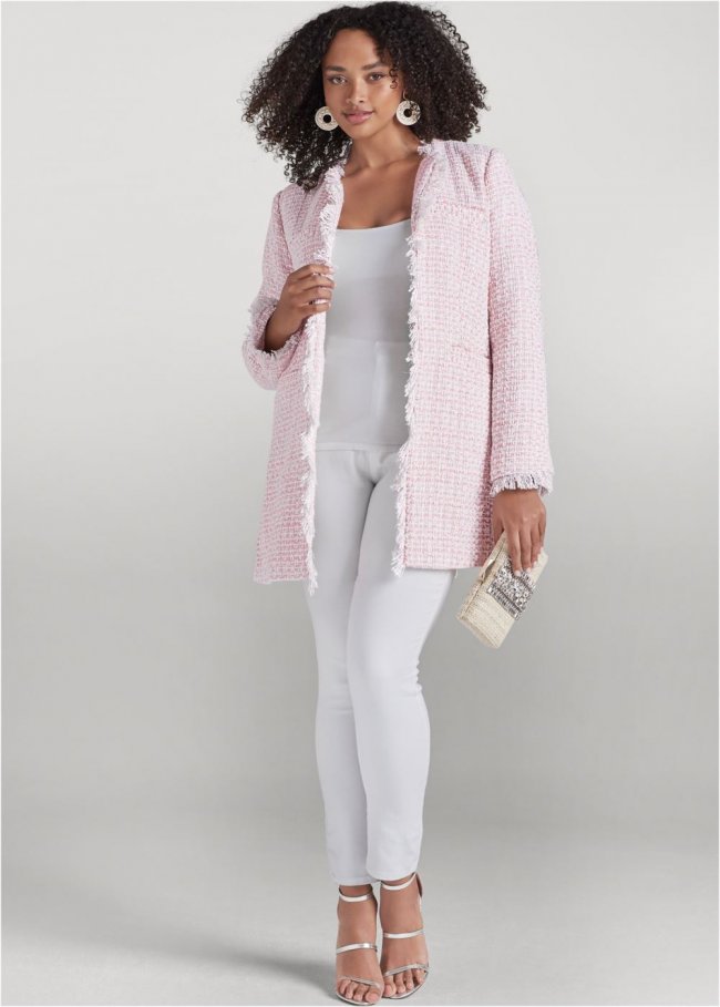 Venus Open Front Tweed Fringe Jacket in Pink & White Venus Open Front Tweed Fringe Jacket in Pink & White