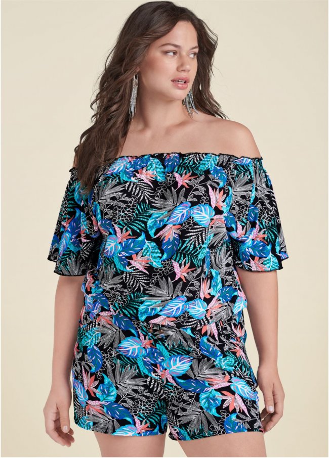 Venus Plus Size Printed Off-Shoulder Romper in Blue Multi Venus Plus Size Printed Off-Shoulder Romper in Blue Multi