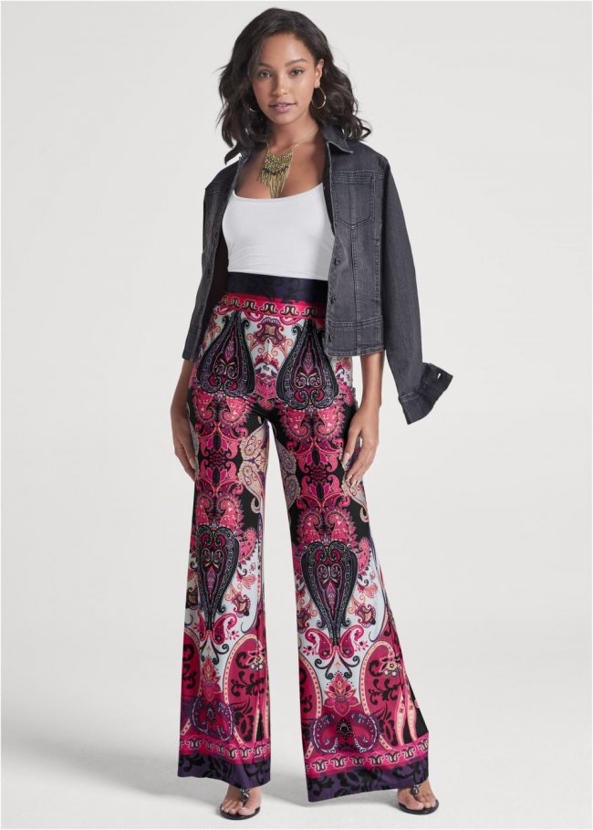 Venus Plus Size Wide Leg Paisley Print Pants in Pink Multi Venus Plus Size Wide Leg Paisley Print Pants in Pink Multi