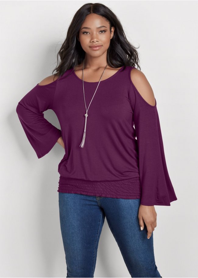 Venus Dark Purple Cold-shoulder blouson top Venus Dark Purple Cold-shoulder blouson top