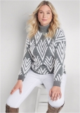 Venus Plus Size Printed Eyelash Turtleneck Sweater in Grey Multi Venus Plus Size Printed Eyelash Turtleneck Sweater in Grey Multi