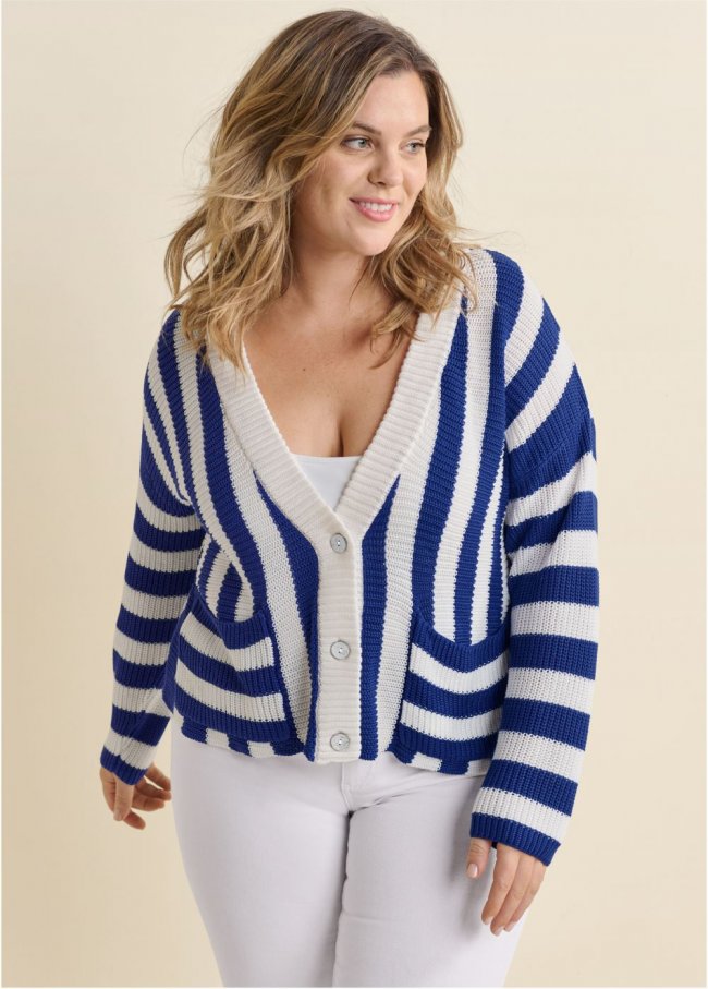 Venus Plus Size Knit Striped Cardigan in Blue Multi Venus Plus Size Knit Striped Cardigan in Blue Multi