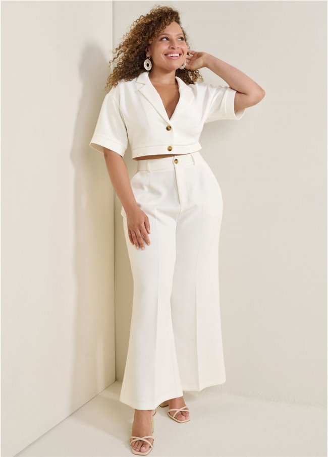 Venus Plus Size Flare Leg Suiting Set in Off White Venus Plus Size Flare Leg Suiting Set in Off White