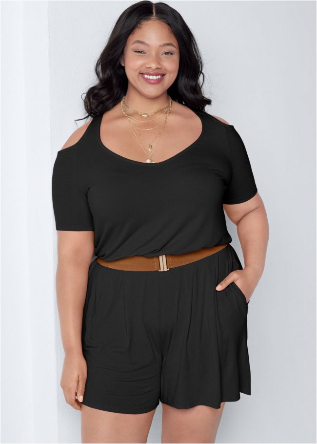 Venus Plus Size Cold-Shoulder Romper in Black Venus Plus Size Cold-Shoulder Romper in Black