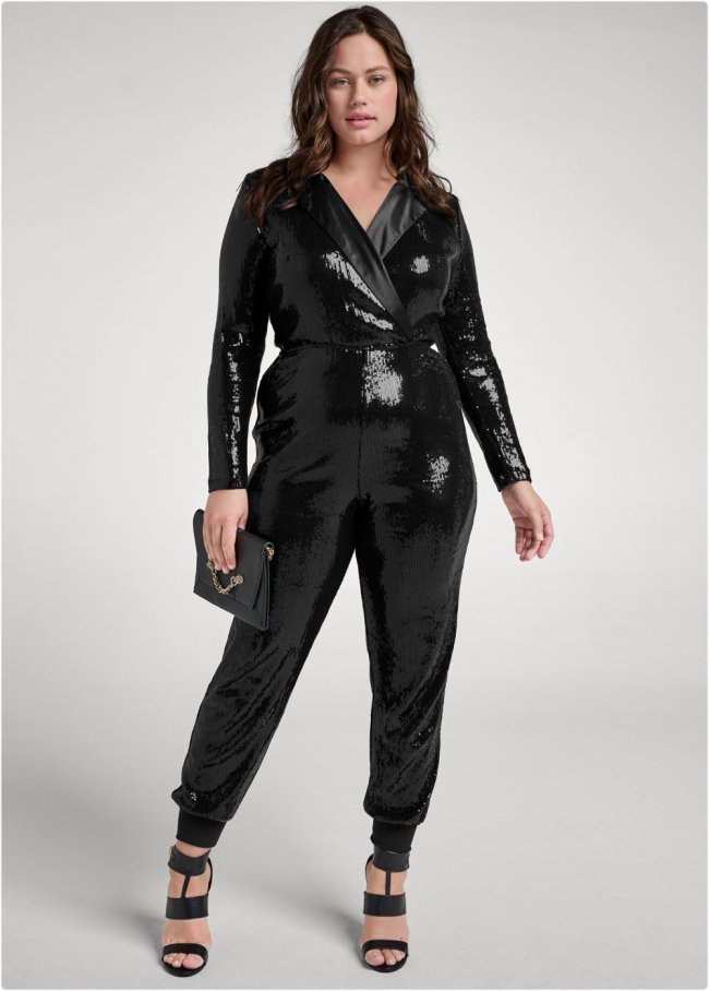Venus Plus Size Tuxedo Sequin Jumpsuit in Black Venus Plus Size Tuxedo Sequin Jumpsuit in Black