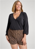 Venus Plus Size Animal Print Shimmer Romper in Black Multi Venus Plus Size Animal Print Shimmer Romper in Black Multi