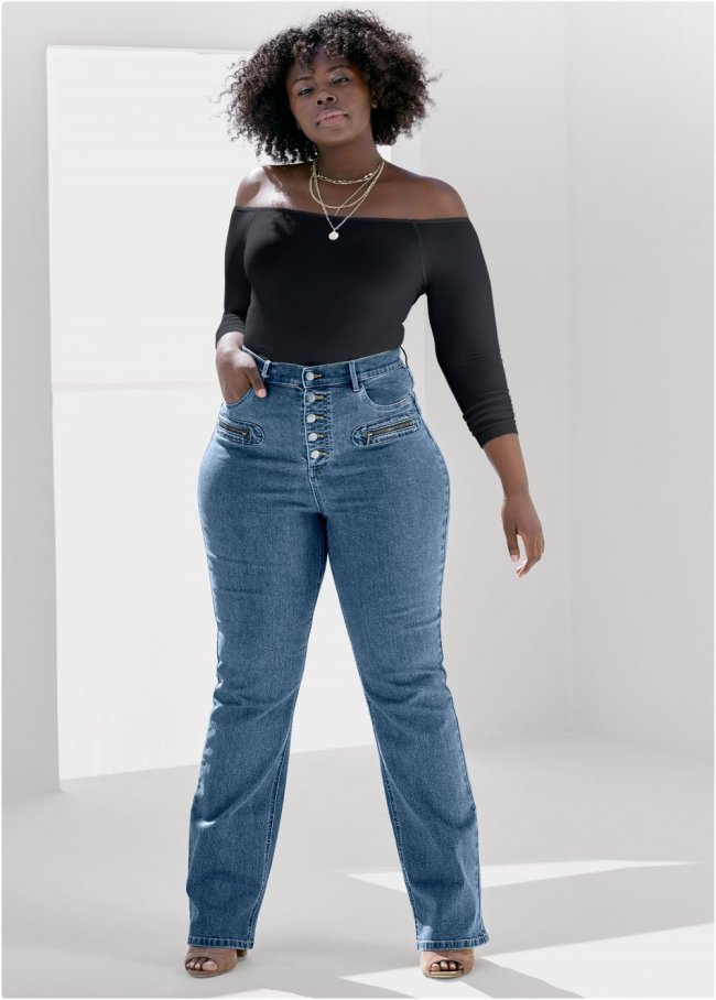 Venus Plus Size Button Fly Relaxed Leg Jeans in Medium Wash Venus Plus Size Button Fly Relaxed Leg Jeans in Medium Wash
