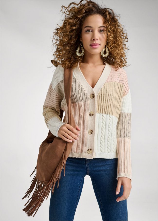 Venus Plus Size Patchwork Cable Knit Cardigan in Cream Multi Venus Plus Size Patchwork Cable Knit Cardigan in Cream Multi