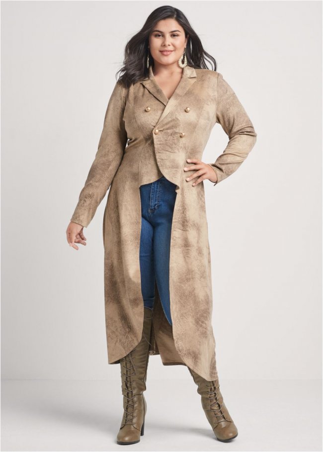 Venus High-Low Faux-Suede Blazer in Brown Multi Venus High-Low Faux-Suede Blazer in Brown Multi