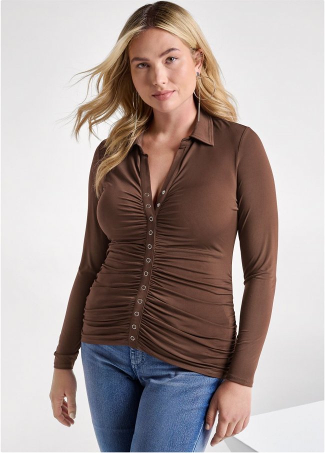 Venus Brown SNAP FRONT COLLARED TOP Venus Brown SNAP FRONT COLLARED TOP