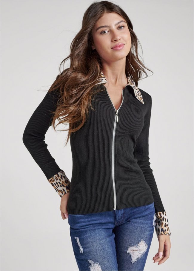 Venus Plus Size Zipper Front Cardigan in Black Multi Venus Plus Size Zipper Front Cardigan in Black Multi
