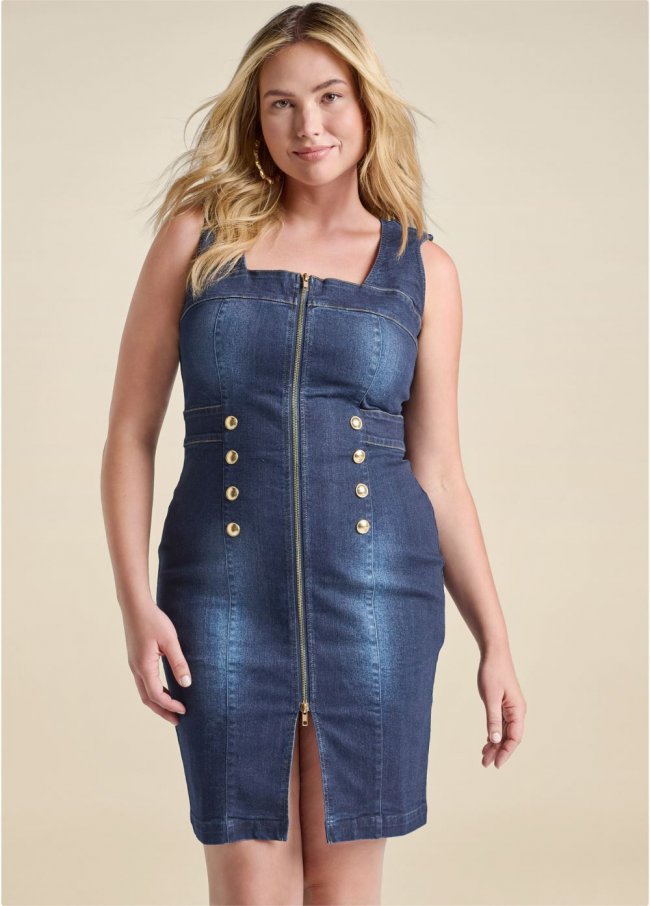 Venus Plus Size Zip-Front Denim Dress Venus Plus Size Zip-Front Denim Dress