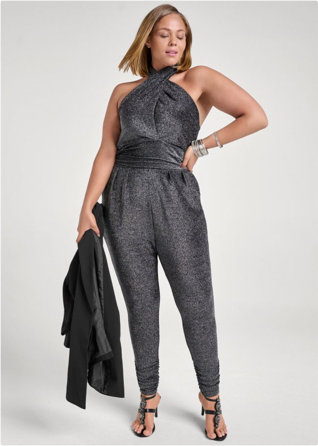 Venus Plus Size Cross-Neck Sparkle Jumpsuit in Silver Venus Plus Size Cross-Neck Sparkle Jumpsuit in Silver