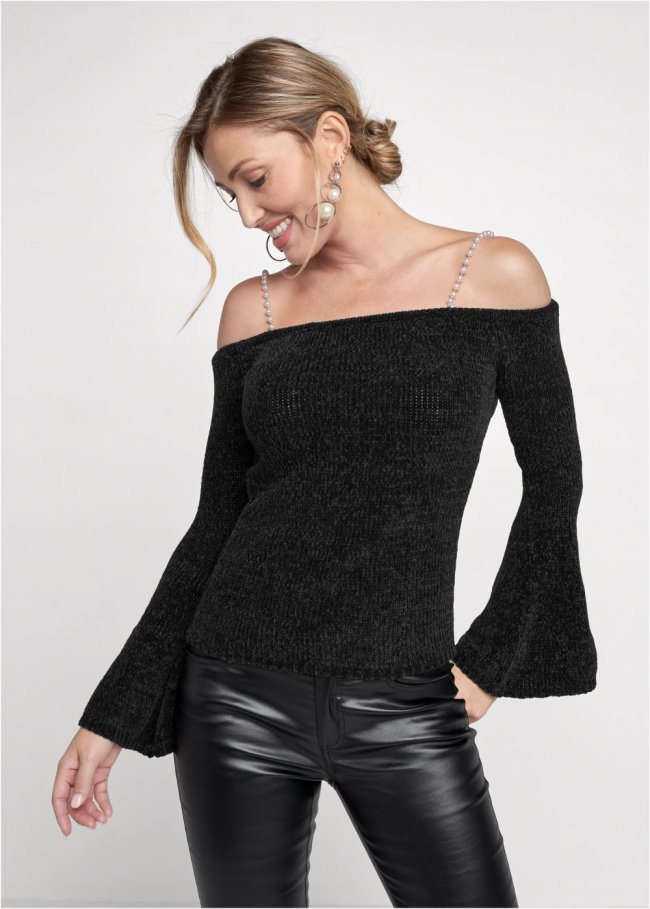 Venus Plus Size Off-The-Shoulder Pearl Strap Chenille Sweater in Black Venus Plus Size Off-The-Shoulder Pearl Strap Chenille Sweater in Black