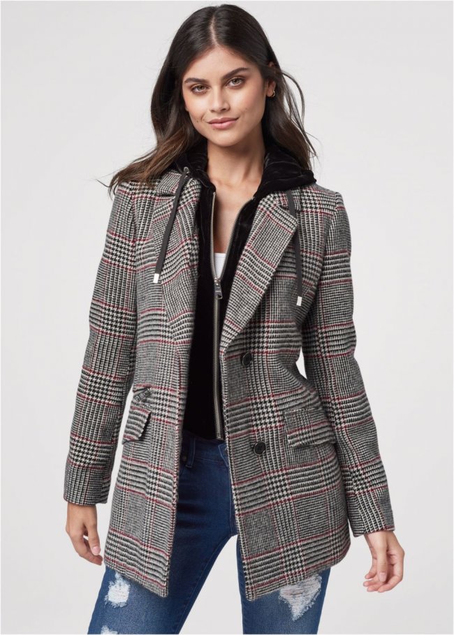 Venus Plaid And Velvet Hood Coat in Black Multi Venus Plaid And Velvet Hood Coat in Black Multi