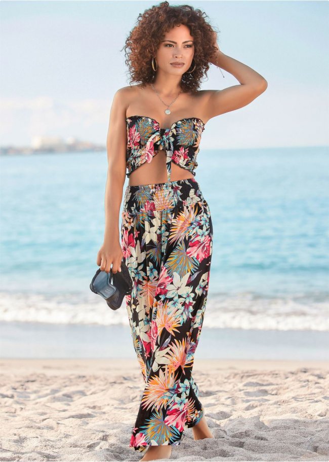 Venus Plus Size Smocked Waist Flared Pants in Black Multi Venus Plus Size Smocked Waist Flared Pants in Black Multi