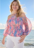 Venus Plus Size Floral Y-Neck Smocked Top Venus Plus Size Floral Y-Neck Smocked Top