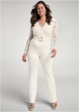 Venus Plus Size Lace V-Neck Belted Jumpsuit in White Venus Plus Size Lace V-Neck Belted Jumpsuit in White