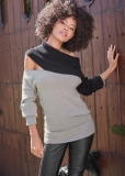 Venus Plus Size One-Shoulder Sweater in Grey & Black Venus Plus Size One-Shoulder Sweater in Grey & Black