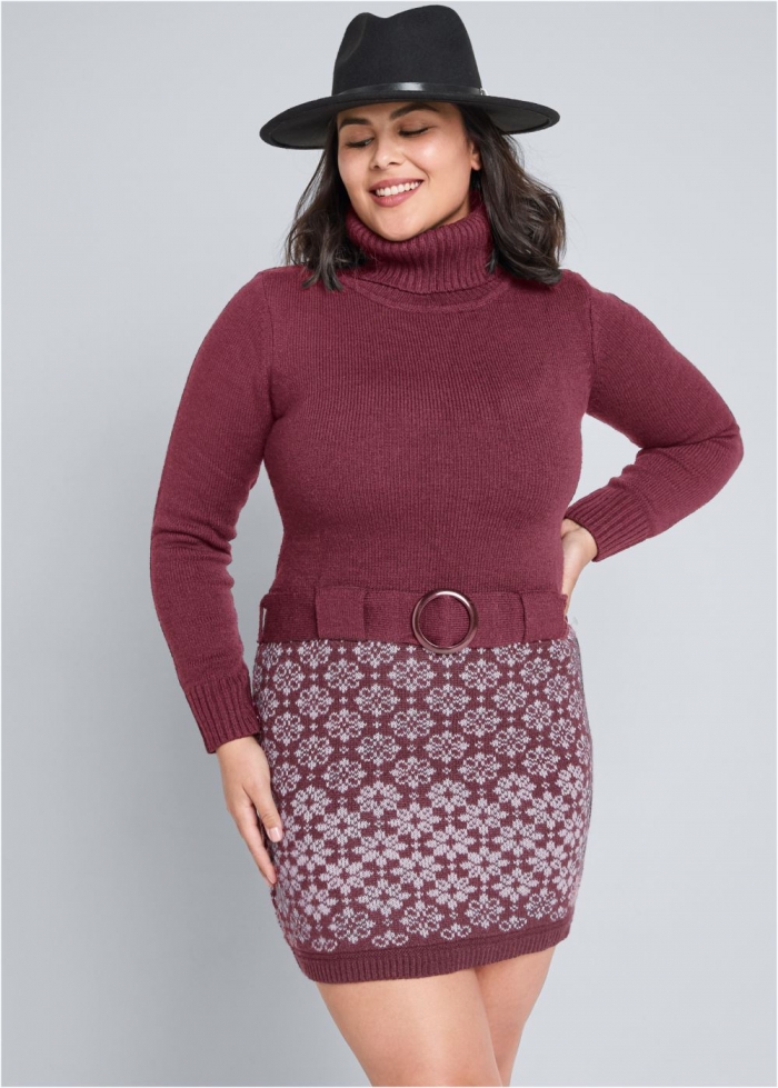 Venus Maroon BELTED SWEATER DRESS
