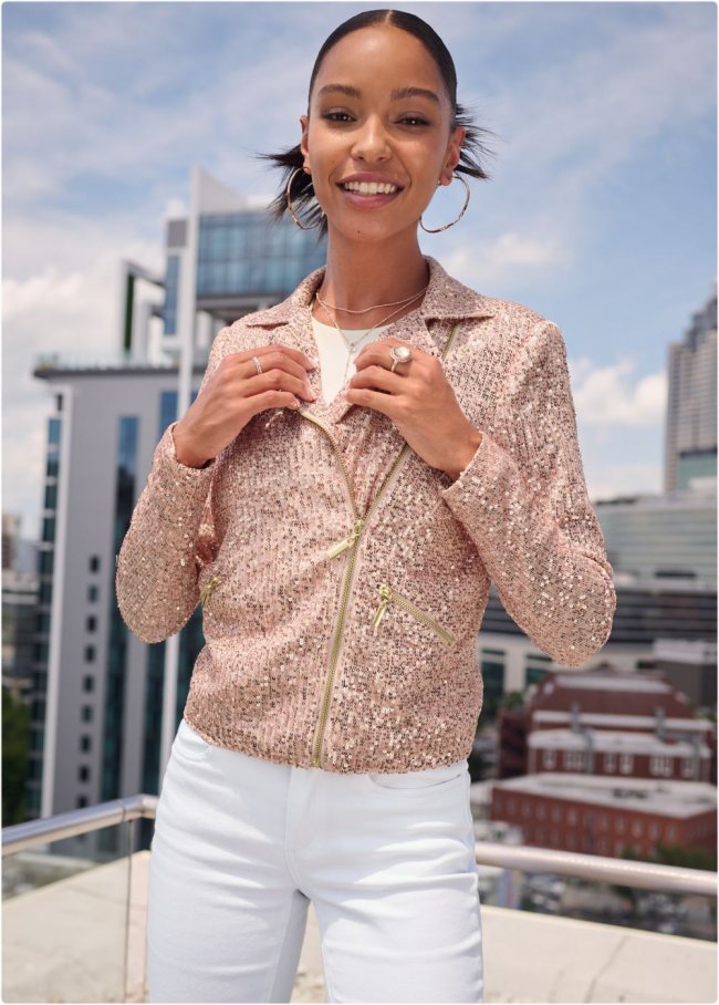 Venus Zip-Front Sequin Jacket in Rose Gold Venus Zip-Front Sequin Jacket in Rose Gold