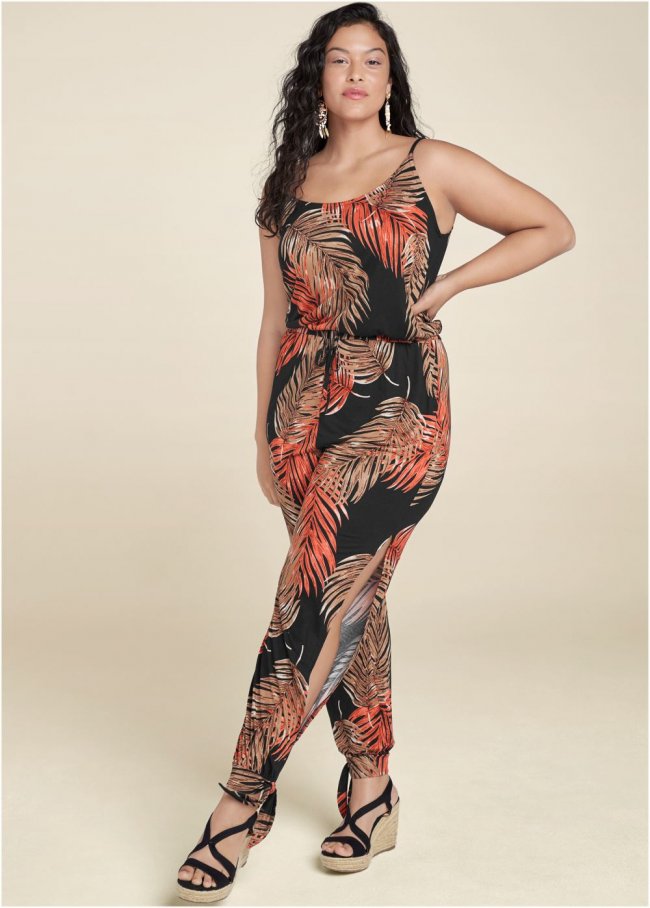Venus Plus Size Slit Detail Jumpsuit in Black Multi Venus Plus Size Slit Detail Jumpsuit in Black Multi