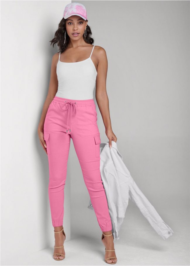 Venus Plus Size Casual Pull-On Cargo Pants in Pink Venus Plus Size Casual Pull-On Cargo Pants in Pink