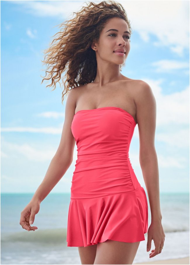 Venus Skirted Bandeau One-Piece Swimsuit in Sunset Pink Venus Skirted Bandeau One-Piece Swimsuit in Sunset Pink