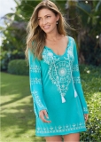 Venus Long Sleeve Cover-Up Dress in Aqua & White Venus Long Sleeve Cover-Up Dress in Aqua & White