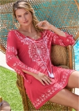 Venus Long Sleeve Cover-Up Dress in Sunset Pink & White Venus Long Sleeve Cover-Up Dress in Sunset Pink & White