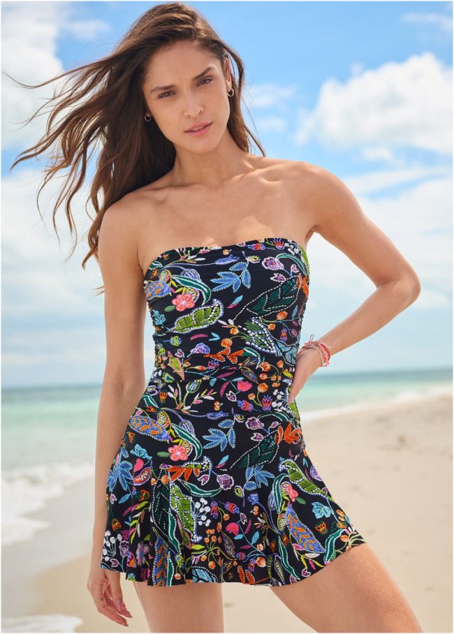 Venus Skirted Bandeau One-Piece Swimsuit in Midnight Elegance Venus Skirted Bandeau One-Piece Swimsuit in Midnight Elegance