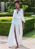 Venus Cold-Shoulder Drape Maxi in Pearl White Venus Cold-Shoulder Drape Maxi in Pearl White