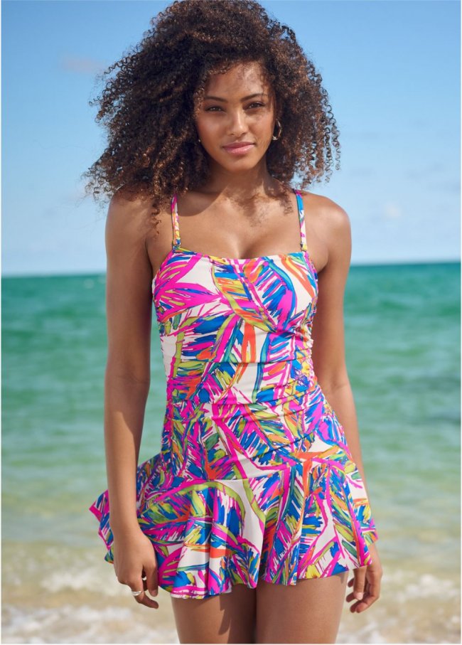 Venus Skirted Bandeau One-Piece Swimsuit in Bright Palm Venus Skirted Bandeau One-Piece Swimsuit in Bright Palm