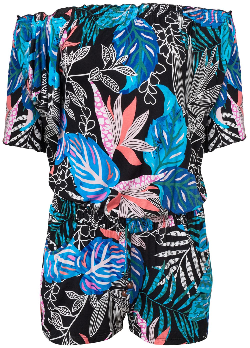 Venus Printed Off-Shoulder Romper in Blue Multi