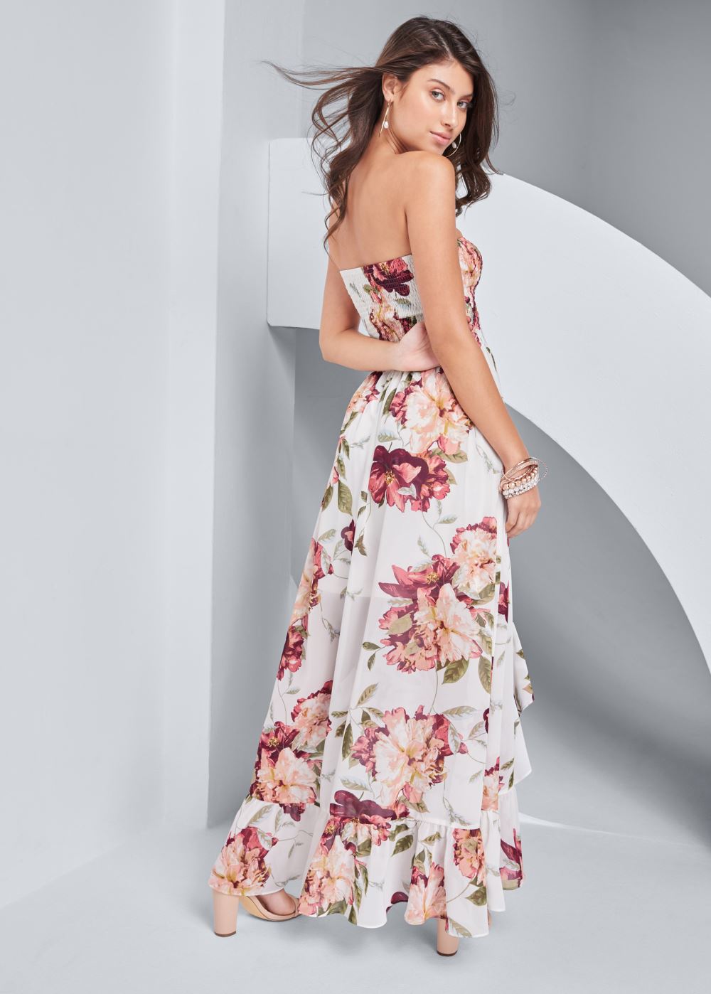 Venus Strapless Smocked Dress - White Multi
