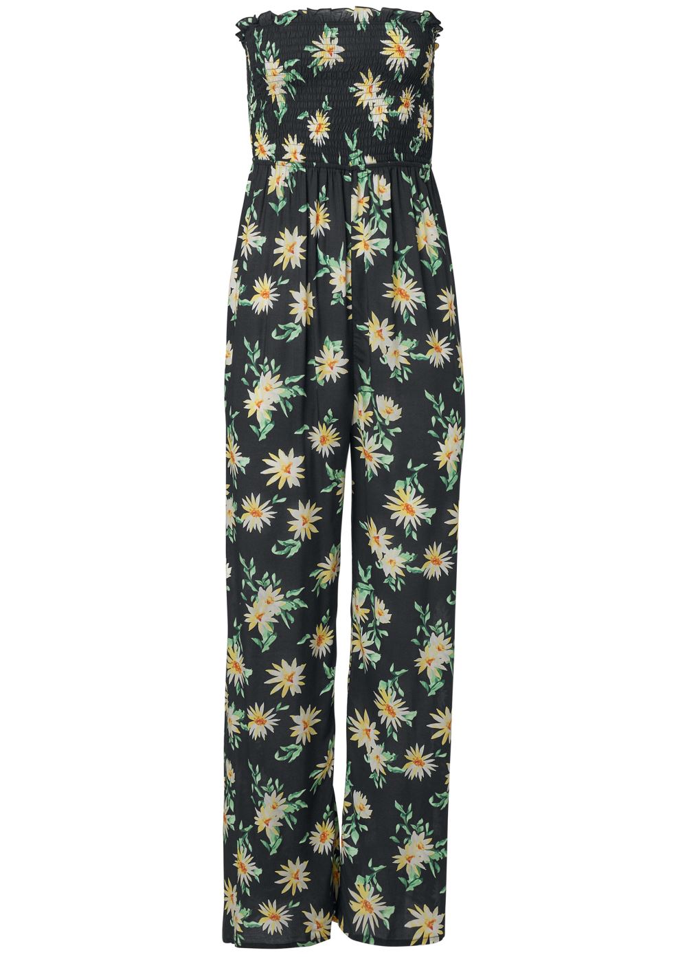 Venus Floral Strapless Jumpsuit in Black & Yellow