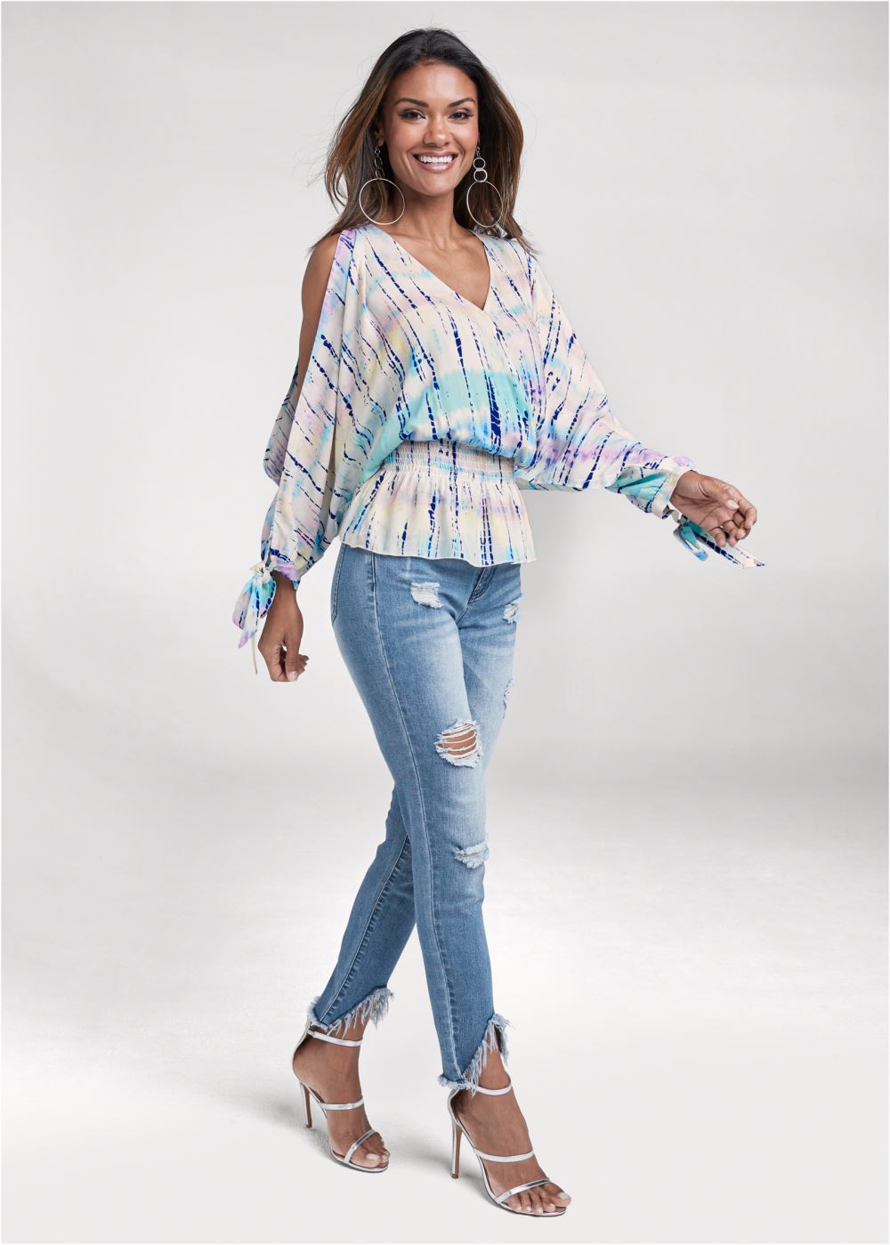 Venus Tie Dye Cold-Shoulder Top in Cream Multi