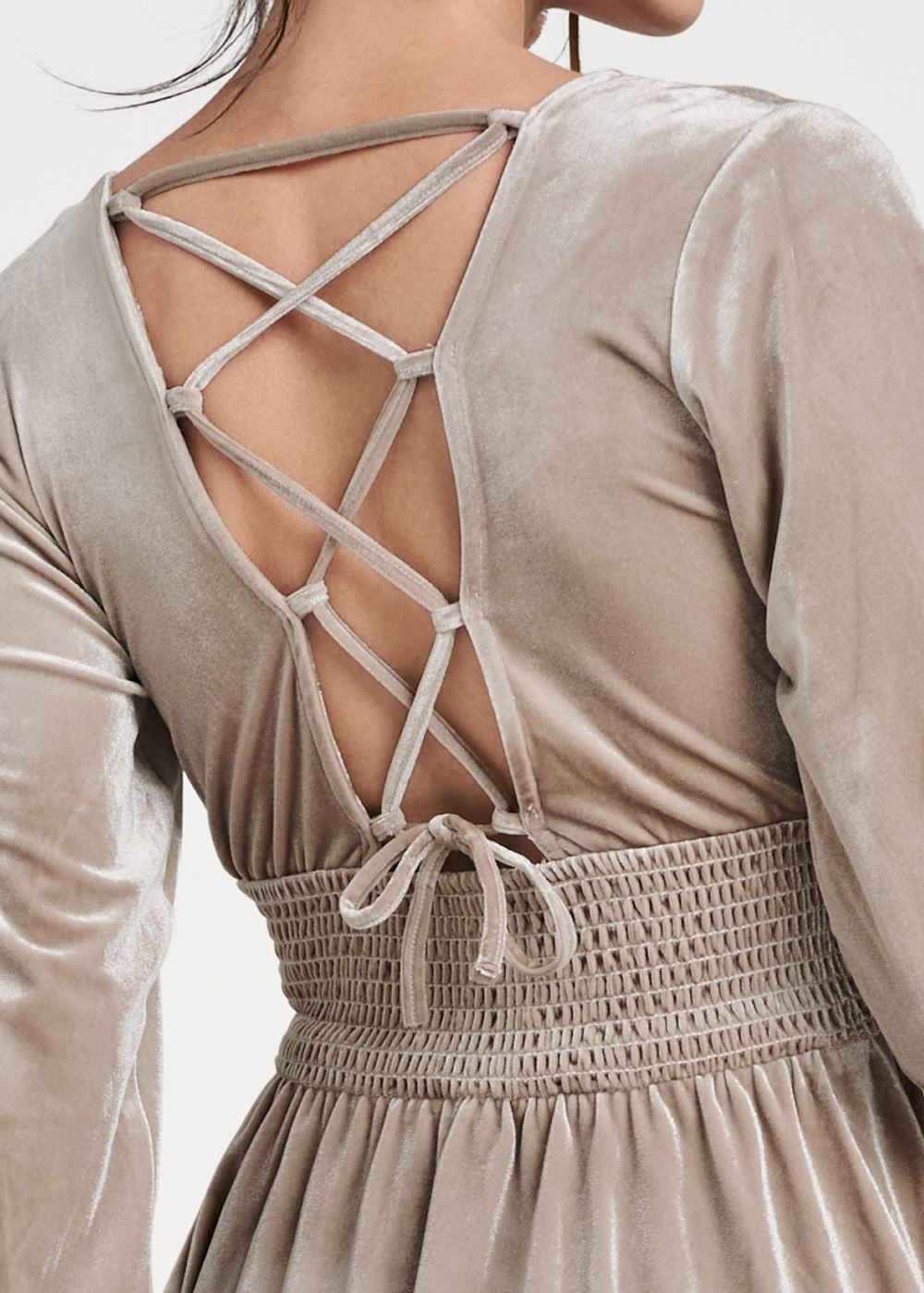 Venus Lace-Up Back Velvet Dress - Taupe