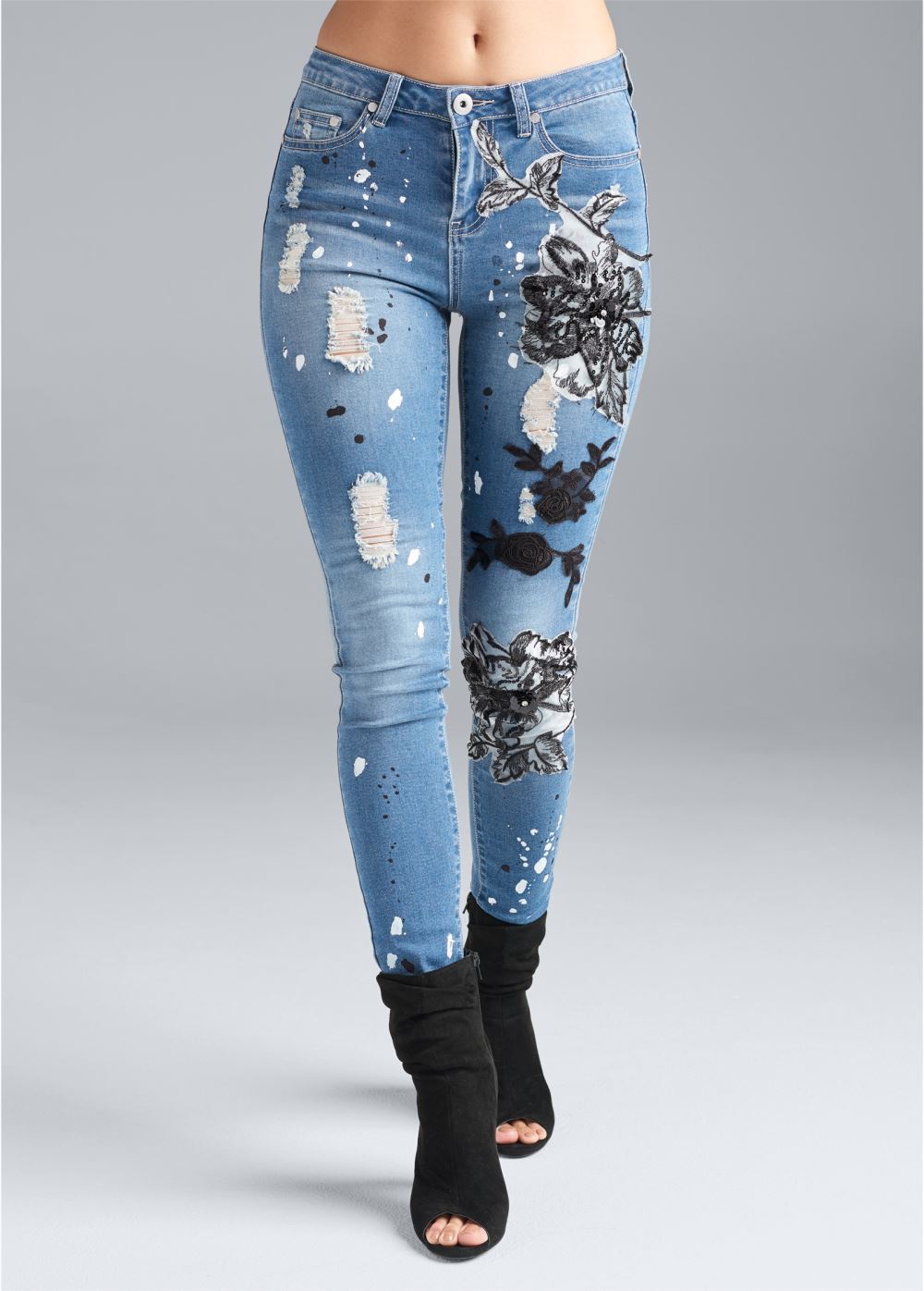 Venus Floral Applique Skinny Jeans in Medium Wash