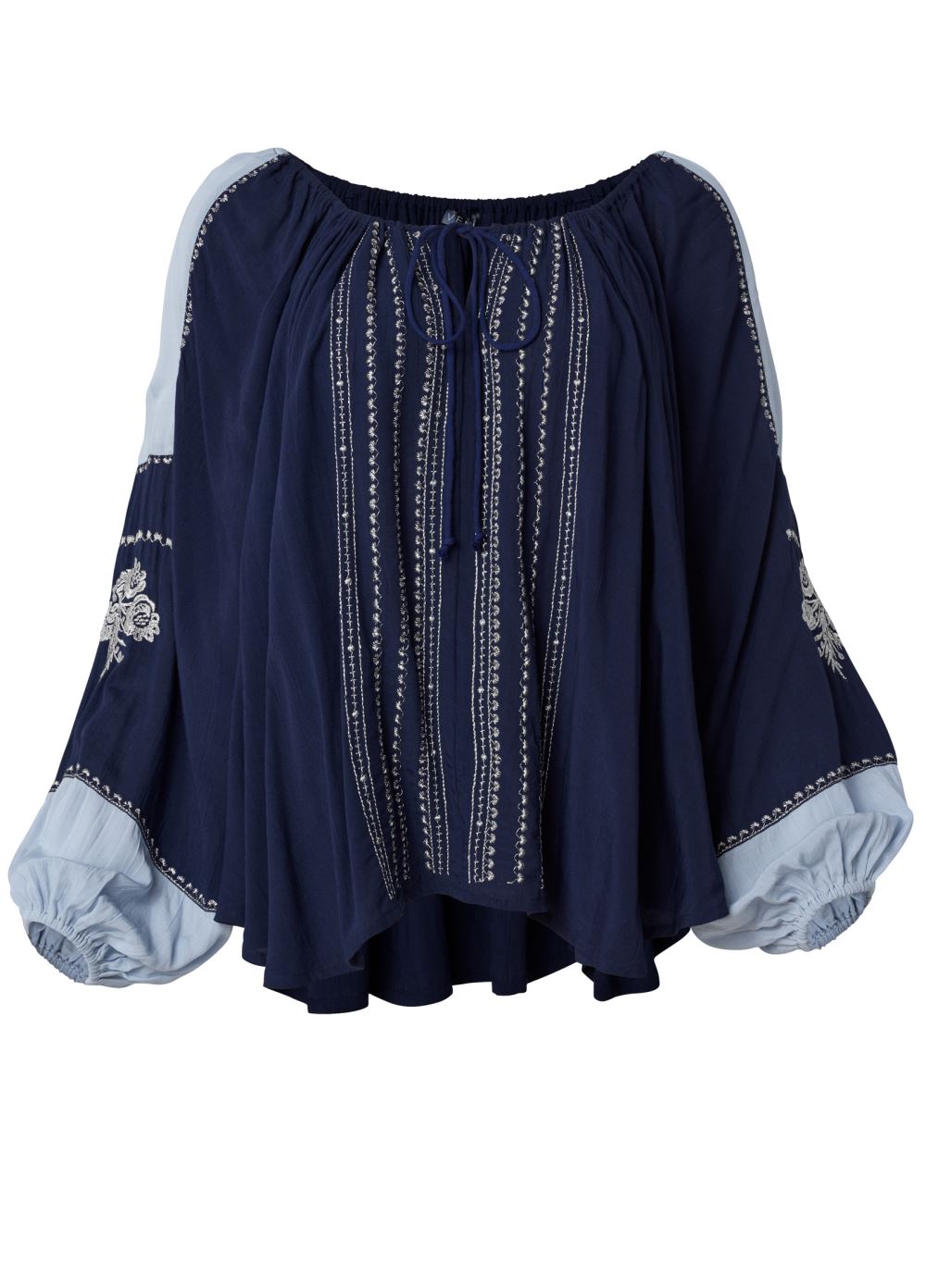 Venus Embroidered Peasant Top in Navy Multi