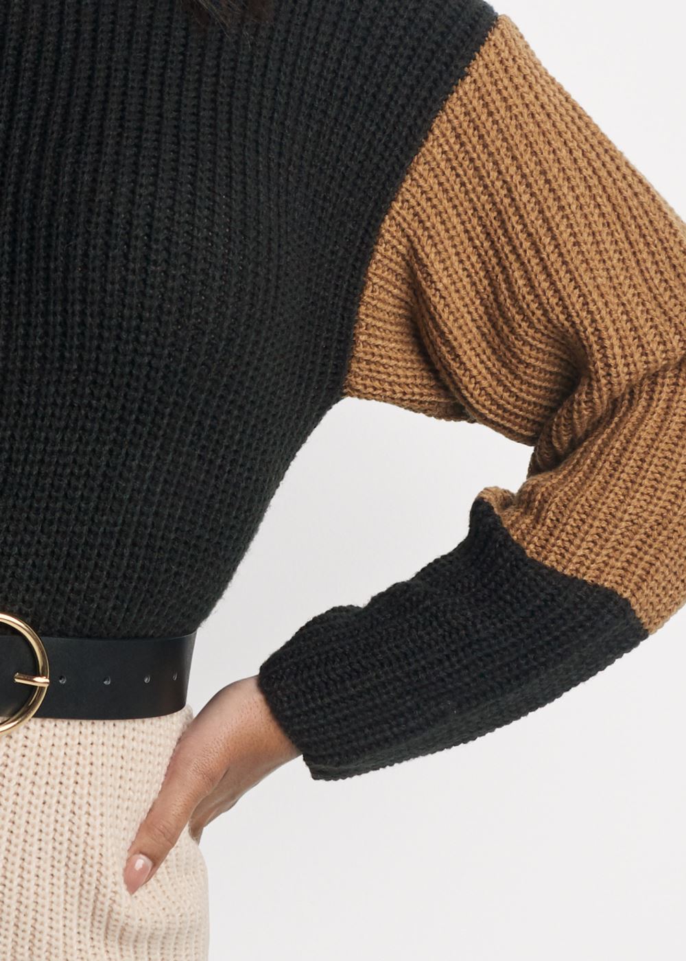 Venus Belted Color Block Sweater Dress - Black Multi