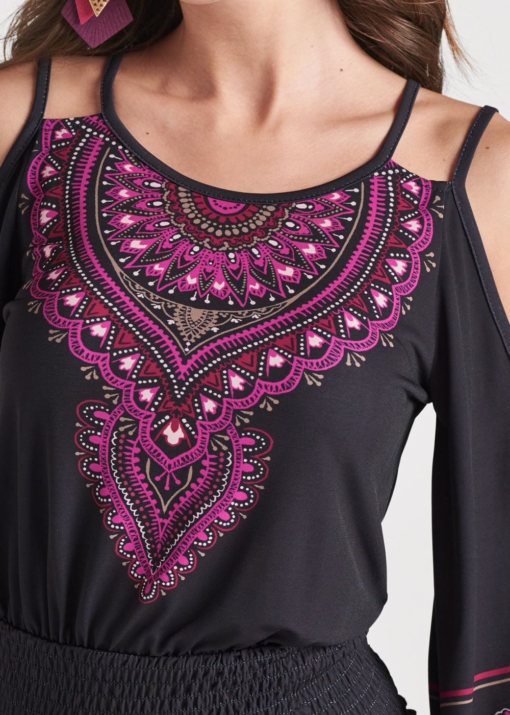 Venus Moroccan Paisley Smocked Top in Black & Fuchsia