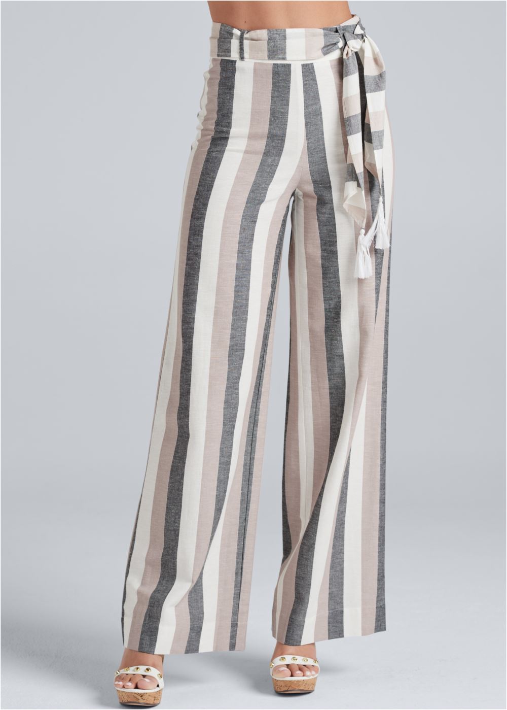 Venus Striped Wide Leg Linen Pants With Self Belt in White Multi