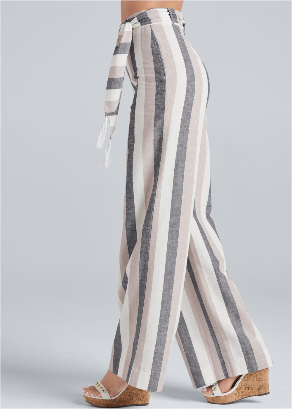 Venus Striped Wide Leg Linen Pants With Self Belt in White Multi