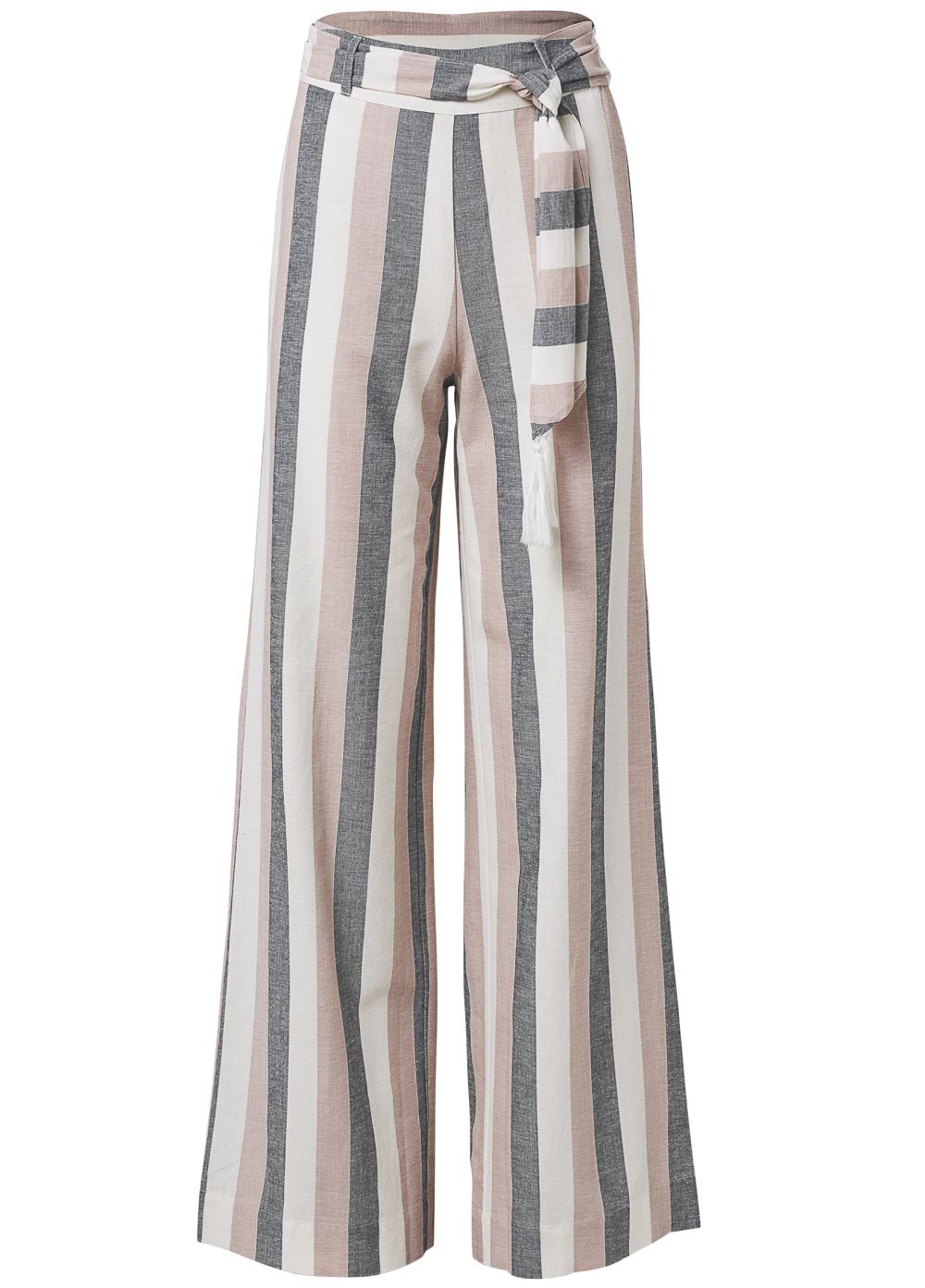 Venus Striped Wide Leg Linen Pants With Self Belt in White Multi