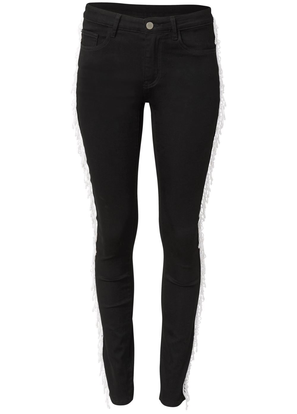 Venus Pearl Fringe Skinny Jeans in Black Denim