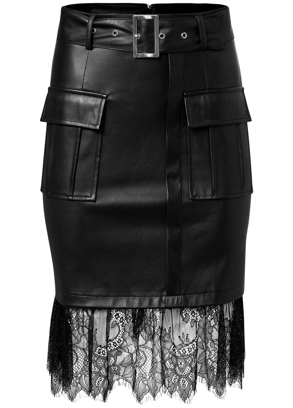 Venus Black BELTED LACE FAUX LEATHER SKIRT